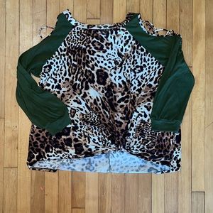 Green and Leopard Cage sleeve Shirt